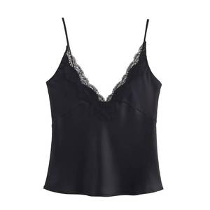 lot 18119 image: FWSAM Women Sexy Deep V Neck Silk Satin Crop Cami Top Trendy Slim Fit Spaghetti Strap Backless Lace Trim Tank Top(M,Black) - Retail $20