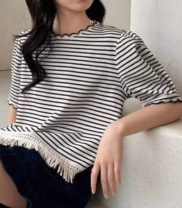 lot 18121 image: FRIFUL Striped T-Shirt Short Puff Sleeves White Black Size Small  - Retail $10