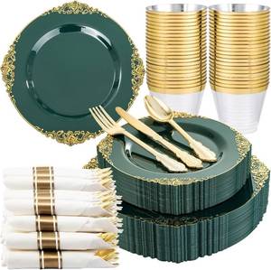 lot 1081 image: Nervure 175Pcs Green Plastic Plates, Disposable Party Plates for 25 Guests