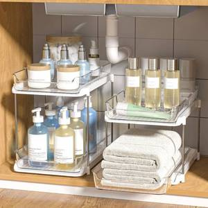 lot 1084 image: Delamu 2-Tier Multi-Purpose Bathroom Under Sink Organizers and Storage, Stackable Kitchen Pantry Organization, Pull Out Medicine Cabinet Organizer with Movable Dividers, White, 2 Pack
