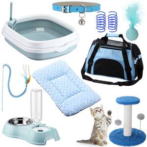 lot 1085 image: Eccliy Kitten Starter Kit, 10 Pcs Cat Starter Kit for Indoor Cats Kitten Essentials Includes Litter Box, Pet Toy, Folding Carrier, Climbing Frame, Mat, Collar, Automatic Food Bow(Classic,Blue)