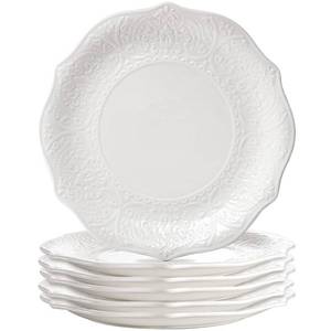 lot 1097 image: SOUJOY Set of 6 Porcelain Dinner Plate, 10.5 White Dinner Dish, Embossed Printing Dinnerware Plate for Dinner, Restaurant, Family Party and Kitchen, Microwave, Dishwasher Safe