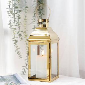 lot 1105 image: JHY DESIGN 15 H Stainless Steel Decorative Candle Lanterns with Tempered Glass Vintage Elegance for Indoor Outdoor Events Parties and Weddings(Gold)
