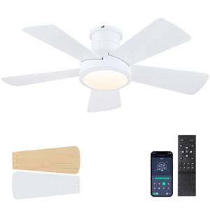 lot 1113 image: Hounberi 40 Inch Flush Mount Ceiling Fan with Lights and Remote, Modern Quiet DC Motor Low Profile Ceiling Fan for Low Ceilings, 5 Reversible Blades, 6 Speeds Dimmable, Indoor Outdoor Bedroom, White
