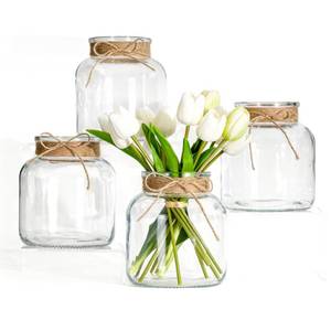 lot 1132 image: Houmury Glass Vases for Centerpieces Set of 4 Farmhouse 6 Inch Clear Large Vase Utensils Holder with Twine Ties Home Decor for Wedding Living Room Dining Table Office (4)