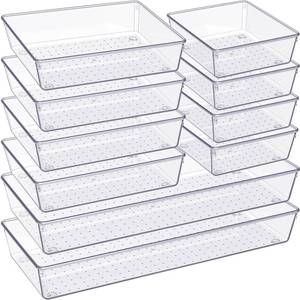 lot 1136 image: Criusia Drawer Organizer, 10 Pack Large Clear Plastic Set, 3 Size Versatile Bathroom and Vanity Organizer Trays, Storage Bins for Makeup, Bedroom, Kitchen Utensils