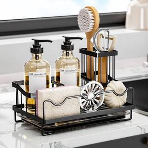 lot 1143 image: ARTLIB Sponge Holder,Kitchen Sink Caddy Organizer with High Brush Holder, Stainless Steel Kitchen Countertop Organizers and Storage Accessories,Soap Dispenser Organize (Black, 9.655.915.91)