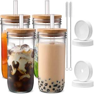 lot 1145 image: DWTS DANWEITESI Glass Cups with Lids and Straws,24 oz Smoothie Cup with Lid and Straw-Boba Mason Jar,Matcha Cup Wide Mouth Reusable Drinking Glasses,Iced Coffee Cups Glass,Vasos De Vidrio��4 Pack��