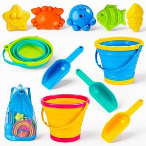 lot 1149 image: MGparty Collapsible Beach Toys Set for Kids, 3 Pack Foldable Sand Buckets with Shovels Molds Mesh Bag, Portable Travel Sandbox Toys for Toddlers Kids Age 3-10