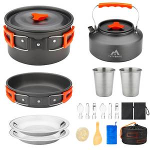 lot 1155 image: THTYBROS 17pcs Camping Cookware Kit, 0.45Gal Pot, 7inches Pan,0.30Gal Kettle Set with 2 Set Stainless Steel Cups Plates Forks Knives Spoons for Hiking,Camping,Backpacking,Outdoor Cooking and Picnic