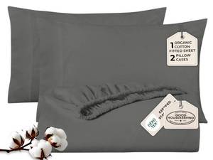 lot 2176 image: ROYALE LINENS Fitted Sheet with Pillowcase - Twin XL Fitted Sheets with 1 Pillowcase - 300 Thread Count 100% Organic Cotton - Fit Mattress Up to 18 Deep - Soft & Breathable - Grey (No Flat Sheet)