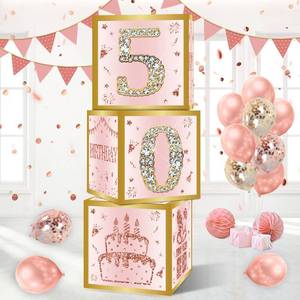 lot 2178 image: DataMoon 50th Birthday Decorations Boxes for Women - 3PCS Pink Rose Gold Happy 50th Birthday Balloons Boxes,Fifty Year Old Birthday Theme Cardboard Box Decor