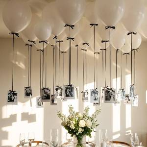 lot 2184 image: Gejoy 30 Pcs Ceiling Balloons Kit for Hanging Photos Display White Latex Balloons with Black Velvet Ribbon & Glue Floating Ceiling Decor for Birthday Wedding Baby Shower Anniversary Party Decorations