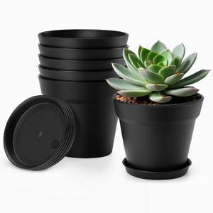 lot 2211 image: FHWTY 4 Inch Plastic Plant Pots 6 Pack, Small Flower Pots with Drainage Holes and Tray, Thickened Indoor Planters Seedlings Nursery Pots, African Violet, Succulent and All House Plants, Black