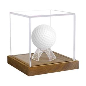 lot 2215 image: Clear Acrylic Golf Ball Display Case with Wood Base & Acrylic Holder, Memorabilia Stand Cube Holder, Dust Protection Transparent Storage Box for Single Ball Souvenir Golfball Collections