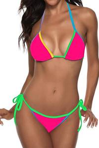 lot 2216 image: Suvimuga Women Color Block 2 Piece Triangle String Bikini Set MultiRose XS