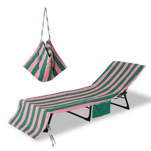 lot 2226 image: THOVSMOON Beach Lounge Chair Towel Cover with Pockets, Green Pink Stripe