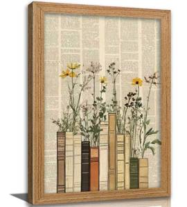 lot 2238 image: Framed Book Wildflower Wall Art, Vintage Dictionary Floral Canvas Print Poster, Boho Library Wall Decor for Living Room Bedroom, Rustic Home Decoration,