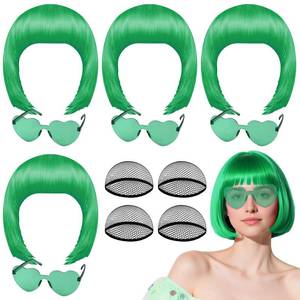 lot 2251 image: PLULON 4Pcs Green Bob Wigs with Heart Plastic Sunglasses Hair Cap for Women, Neon Short Bob Wig Colored Funny Cosplay Hair for Women Men Daily Bachelorette Halloween Costume Party Decorations