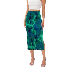 lot 2265 image: Midi Skirts for Women with Slit Long Knee Length Floral Elastic Pleated High Waisted Womens Skirt, LARGE