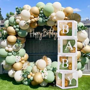 lot 2290 image: Sage Green Baby Shower Decorations Boy Girl - 4Pcs Baby Boxes with lettes and 112Pcs Green White Gold Balloons Arch Kit for Baby Shower Decorations, Dinosaur Jungle Safari Baptism Party Supplies