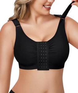 lot 2313 image: BRABIC Post Surgery Front Closure Bras for Women Full Coverage Compression Mastectomy Wireless Bra with Adjustable Straps, Black, Large