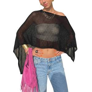 lot 2319 image: Women Sheer Poncho Top Crochet Lightweight Shawl Beach Cover Up Rave Festival Vacation Outfits Summer Going Out Tops Black M