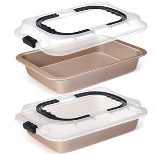 lot 3138 image: Qinyoung 2 Pcs Cake Baking Pan with Lid and Handle, 9 x 13 Inch Non-stick Rectangle Sheet Cake Pan Carrier for Brownie Roasting Cooking Baking (Gold)