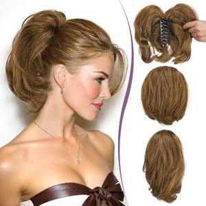 lot 4042 image: RUWISS Claw Clip Short Human Hair Ponytail Extension with Bendable Metals for DIY Styles, Straight Messy Bun Hair Piece for Women Thick Hairpieces for Daily Wear, 9 Inch Medium Brown