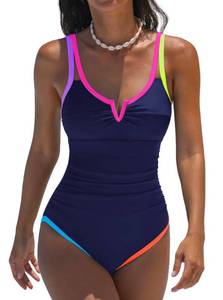 lot 4070 image: popvil One Piece Swimsuit for Women Neon Shapewear V Neck Bathing Suit, MED