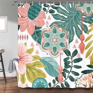 lot 4074 image: Torich Abstract Boho Floral Botanical Shower Curtain, Bohemian Mid Century Morden Teal Decor Bathroom Curtains, Waterproof Fabric Shower Curtains Set with Hooks 69X72