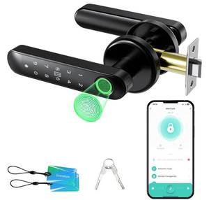 lot 4086 image: Evanshow Fingerprint Door Lock Biometric Door Knob with Keypad Keyless Entry, 5-in-1 Door Locks for Bedrooms(FingerprintAppCodeKeyIC Card), Home Hotel Office Apartment Black