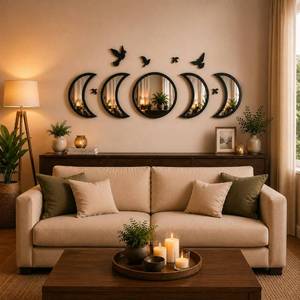 lot 4095 image: NESHE Moon Phase Mirror Wall Decor Set with Birds  Gothic Witchy Boho Wall Mirror Decor  Scandinavian Aesthetic Home Decor for Bedroom Living Room (Black)