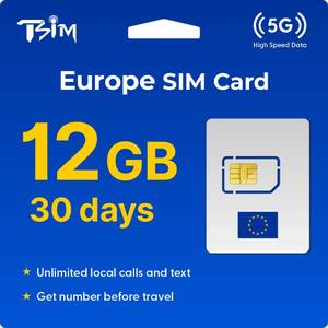 lot 6105 image: TSIM Europe SIM Card for Travel 30 Days 12GB  Unlimited Local Calls and Text  Get Number Before Travel  30 Countries Austria, France, Germany, Italy, Switzerland, Spain, UK
