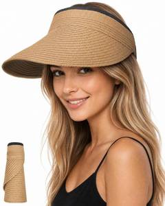 lot 6125 image: Sun Visor Hats for Women, Summer Straw Beach Ponytail Hat Khaki