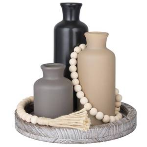 lot 7171 image: Tiangrid 5 Pcs Rustic Country Tabletop Centerpieces Decor Set of 3 Boho Ceramic Vases with Wooden Serving Tray Wood Bead Garland Tassels Table Holder for Home Decorations (Dark Color)
