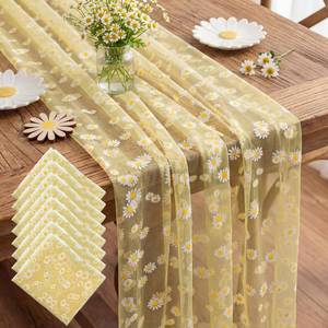 lot 8002 image: 8 Pcs Yellow Daisy Table Runner 29 X70 Inch Yellow Tulle Lace Table Cloth Florals Seasonal Sheer Dining Cover for Daisy Retro Boho Birthday Baby Shower Wedding Holiday Party Home Kitchen Decor