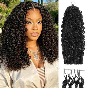 lot 8341 image: Burmese Curly Human Hair 16Inch Pre-separated Feather Crochet Human Hair Invisible Miracle Knots Human Crochet Hair Extensions for Black Women 60g Natural Black