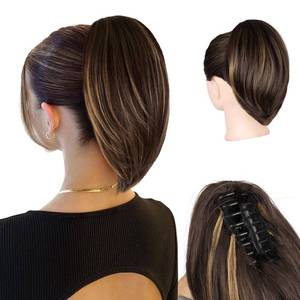 lot 8373 image: ZQIAN BEAUTY 10 Inch Ponytail Extension - Straight Pony Tails Hair Extensions, Claw Clip Ponytail Extension, Synthetic Hair Extensions Ponytail, Clip in Ponytail (Color Brown with Blonde Highlights)