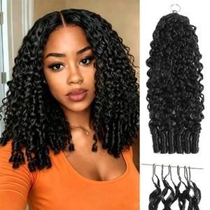 lot 8386 image: Burmese Curly Human Hair 18Inch Pre-separated Feather Crochet Human Hair Invisible Miracle Knots Human Crochet Hair Extensions for Black Women 60g Natural Black
