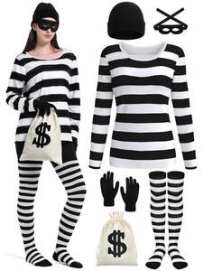lot 8392 image: 6 Pcs Robber Costume Women, Bank Burglar Outfit with Black & White Striped
