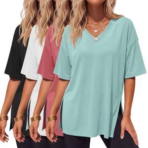 lot 8400 image: JoyMotion 4 Pack Oversized Shirts for Women V Neck Workout Tops Casual Side Split Short Sleeve T Shirt Summer Gym Tunic Tees(XXL,Black, White, Brick Red, Gray Green)