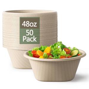lot 8406 image: Homestockplus 48 Oz Disposable Bowls - Heavy Duty and Compostable Bowl - Made from Sugarcane and Bamboo Fibers, Microwave Safe - Large Paper Bowl for Soup, Salad, Ramen, Popcorn, etc. 50 Pack
