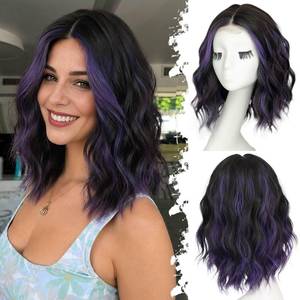 lot 8413 image: Eawwii Wigs for Women Black Mix Purple,Short Wavy Synthetic Lace Wig