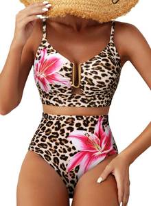 lot 8415 image: Herseas Womens High Waisted Tummy Control U Wire Bikini Leopard Pink Lily L