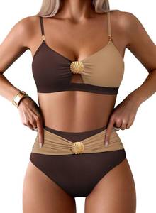 lot 8416 image: Pink Queen Elegant Vacation Beach Bikini for Women 2026 Two Piece High Waisted Push Up Swimsuits Tummy Control Color Block Vacation Bathing Suit Chocolate Brown XL