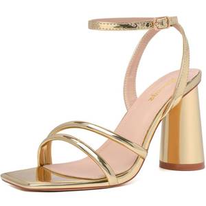 lot 8421 image: RIBONGZ Gold Prom Heels for Women Strappy Block High Heels Square Open Toe Ankle Strap Chunky Heeled Sandals Wedding Bridal Shoes High Heel Sandals for Party Dress 8.5