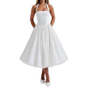 lot 8422 image: Women Halter Midi Dress Corset Back Layered Tulle Skirt A Line Formal Dresses Wedding Guest Bridal Shower (White,M)