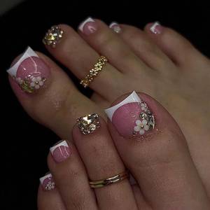lot 8425 image: 3D Flower Press on Toenails Short Square Fake Toes Nails Rhinestone Glue on Toes White French Tip Stick on Toenails Diamond Glitter False Toes Acrylic Toenails Reusable for Women Girls Manicure 24pcs