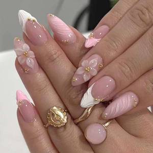 lot 8449 image: 24Pcs French Tip Press on Nails Medium Almond Fake Nails 3D Flowers Gold Bead Design Glossy Pink French Nails Full Cover Press Ons Stick on Nail for Women Handmade Nails Cute False Fingertips